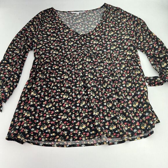 The Nines by HATCH Tie 3/4 Sleeve Crepe Maternity Blouse Black Floral Print S - Picture 1 of 5